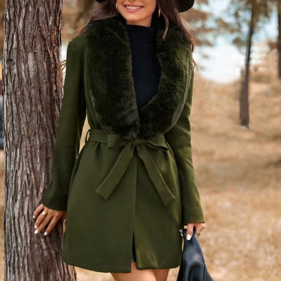 MODA ME COUTURE Jackets & Blazers - Glamorous Olive Green Faux fur collar Belted Overcoat Jacket Coat